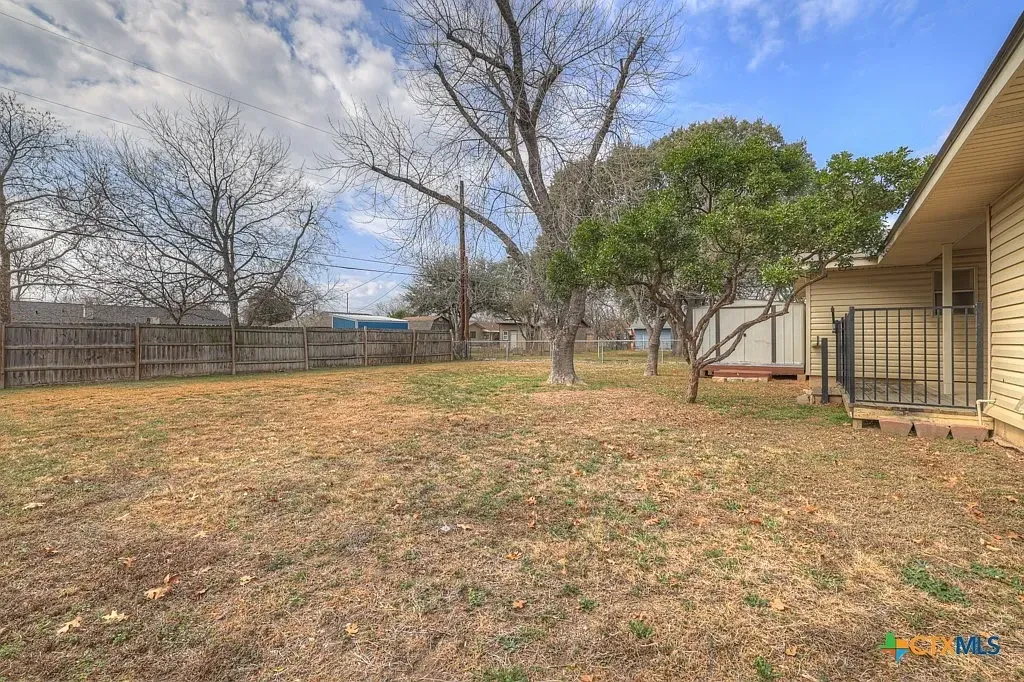 The fenced backyard of the Gruene Road Residence, with an open lawn and mature trees.